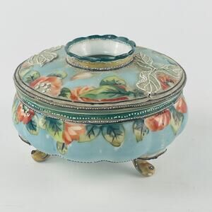 Antique Hair Receiver Dresser Jar Floral Textured Paint Vintage Porcelain